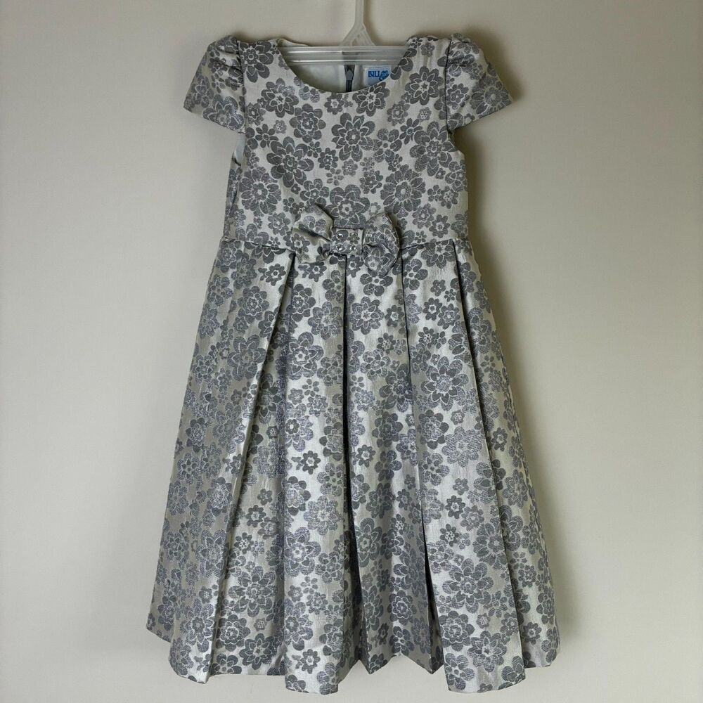 Luli & Me Girls Silver Metallic Floral Jacquard Special Occasion Dress Wedding